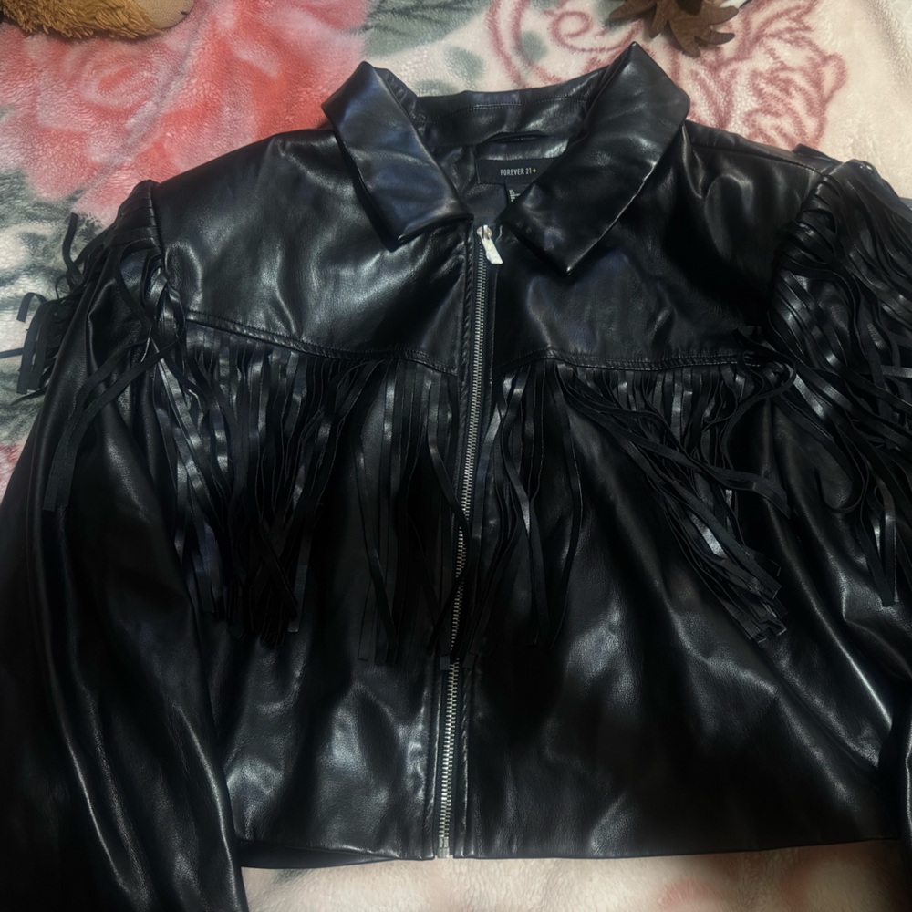 Fashion Nova Black Faux Leather Fringe Jacket
